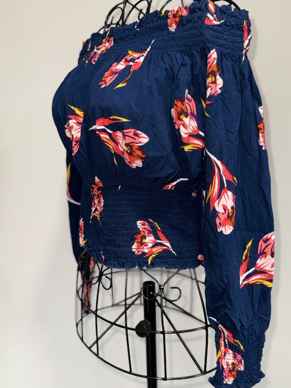 Express Navy Floral Off-Shoulder Smocked Waist Blouse - Picture 10 of 11